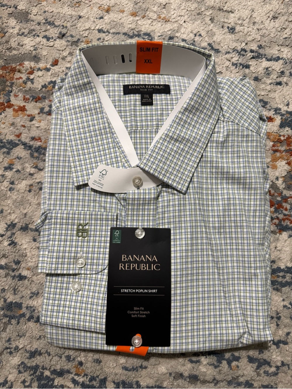 Banana Republic Men's Slim Stretch Poplin Shirt - Light Blue & White Plaid